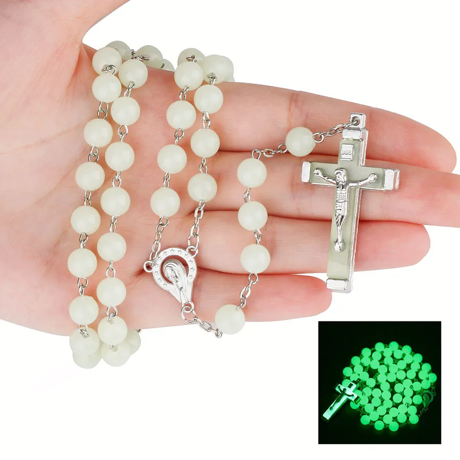 8 MM Lange Perlen Kreuz Anhänger Leuchtende Nachtleuchtende Rosenkranz Kreuz Halskette Christentum Katholischer Schmuck Christlicher Religiöser Schmuck Party Geschenk