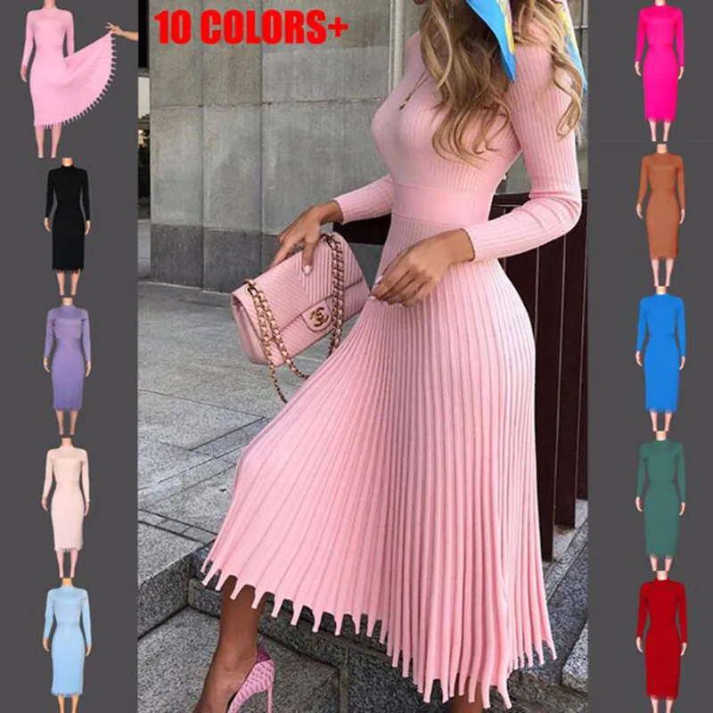 Mode femmes tricoté longue robe automne hiver manches minces dames robes élégante fête femme robe pull