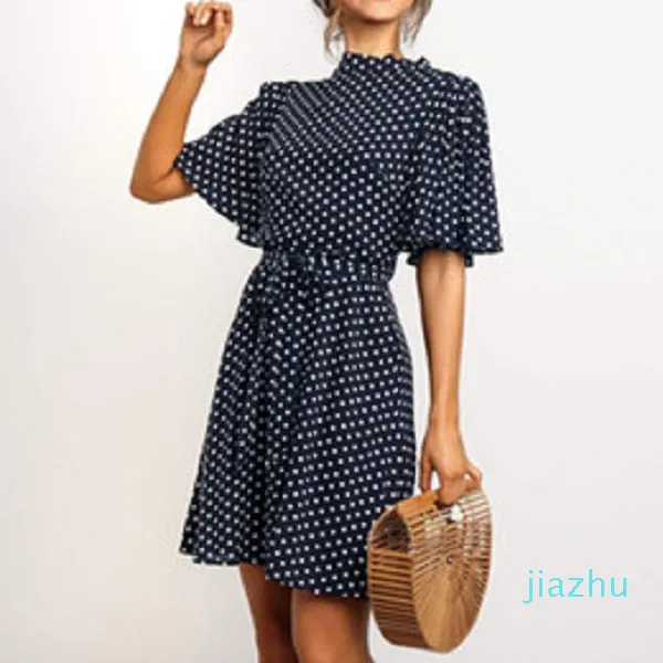 Varm försäljning polka dot klänning kvinnor sommar boho strand mini klänning avslappnad kortärmad damer kontor elegant klänning vestido mujer kvinna kläder