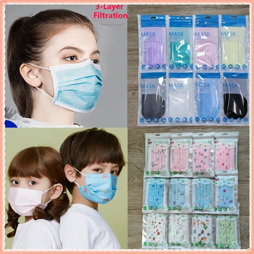 12 colors Adult kids Face Mask 10pcs Individual packing Black Blue 3 layers Non-Woven Disposable Masks Protective Mouth Retail package wholesale ship in 12hours