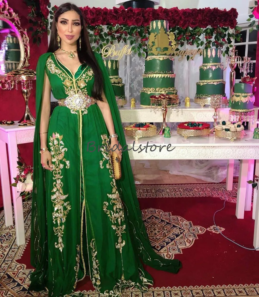 Vintage Groene Caftan Abaya Avondjurken Sexy V-hals Kralen Crystal Prom Dress 2020 Luxe Moslim Formele Partyjurken Roken De Soirée Goedkoop