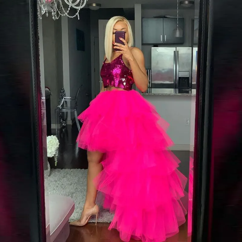 Fuchsia High Low Cocktail Klänningar Tiered Lager Tulle Två Pieces Prom Dress Plus Size Women Formal Halloween Party Gowns Vestidos