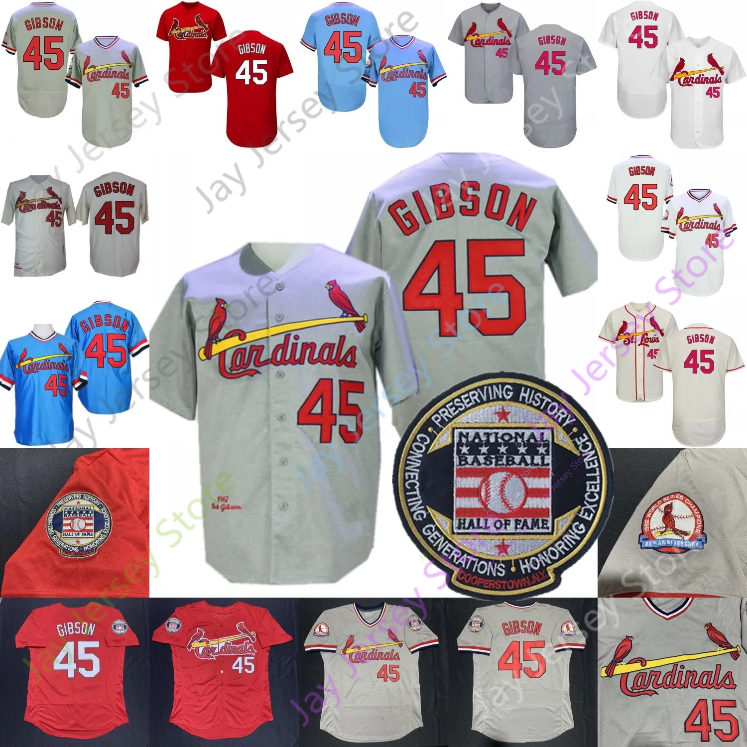 Camisa Bob Gibson 1967 Patch cinza-cânhamo do Hall da Fama do Beisebol Azul Creme Branco Vermelho Casa Fora Vintage