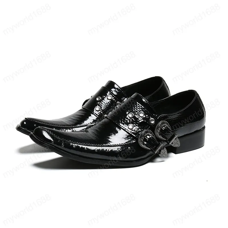 Moda Rhinestone Buckle Sapato de bico fino Men couro genuíno sapatos Black Plus Size homem de partido negócio Shoes