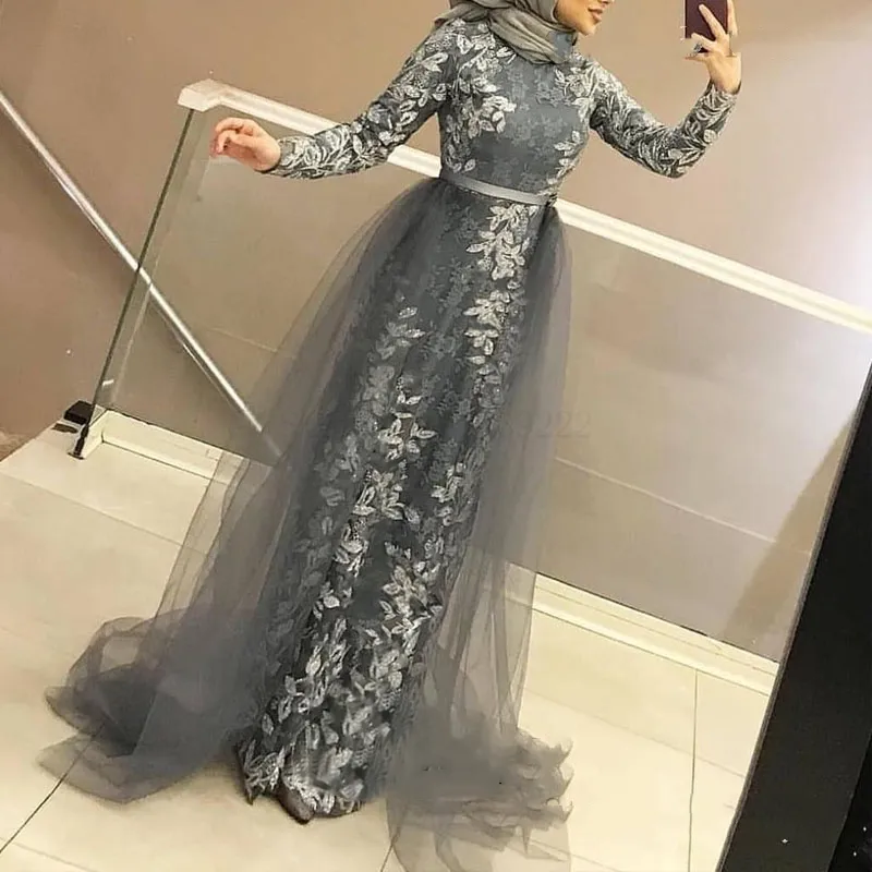 Elegante cinza hijab estilo muçulmano vestidos de noite formal com trem destacável apliqueira lace manga longa mulheres árabe vestido vestido festa desgaste