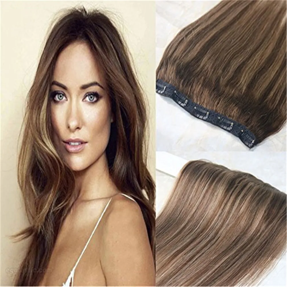 One Piece Real Hair Extensions Clip In Human Hair Balayage Highlight Color # 4 Chololates Brown to # 27 Honey Blonde Ombre Weft Wątek