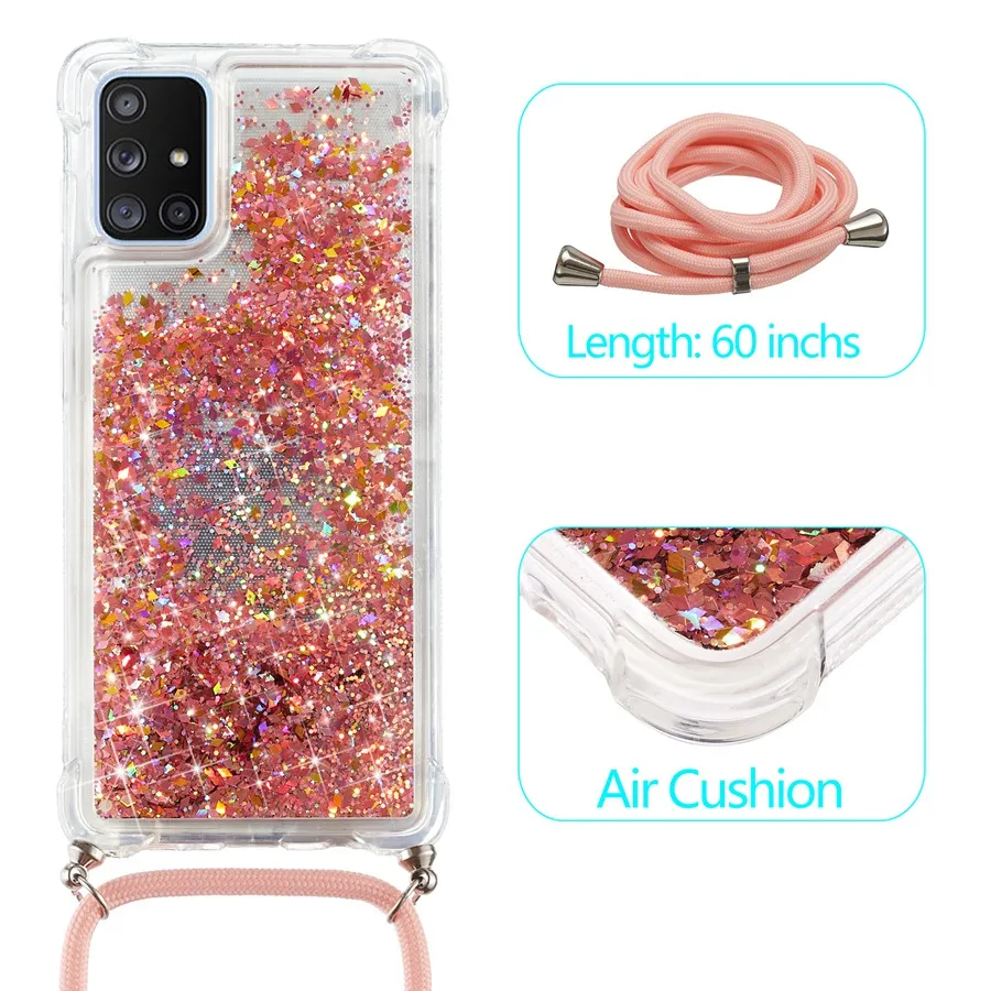 Lanyard Quicksand Glitter Bling Flowing Vloeibare Drijvende TPU Bumper Kussen Beschermhoes Voor Samsung Galaxy A01 A10 A21 A41 A51 A71 5G