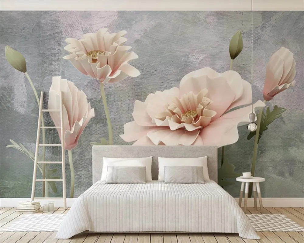 ベッドルームのための3D壁紙ロマンチックな3D三次元色の彫刻の花のテレビの背景の壁シルク3D壁紙