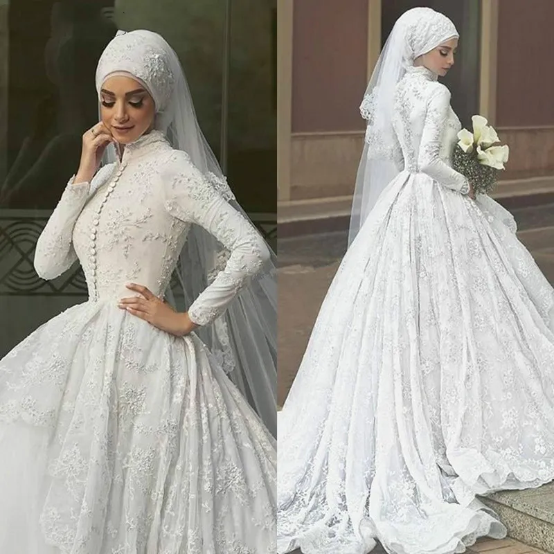 2021 modeste musulman dentelle robe de bal robes de mariée col haut manches longues bouton perles robes de mariée arabe islamique Vestidos De Noiva