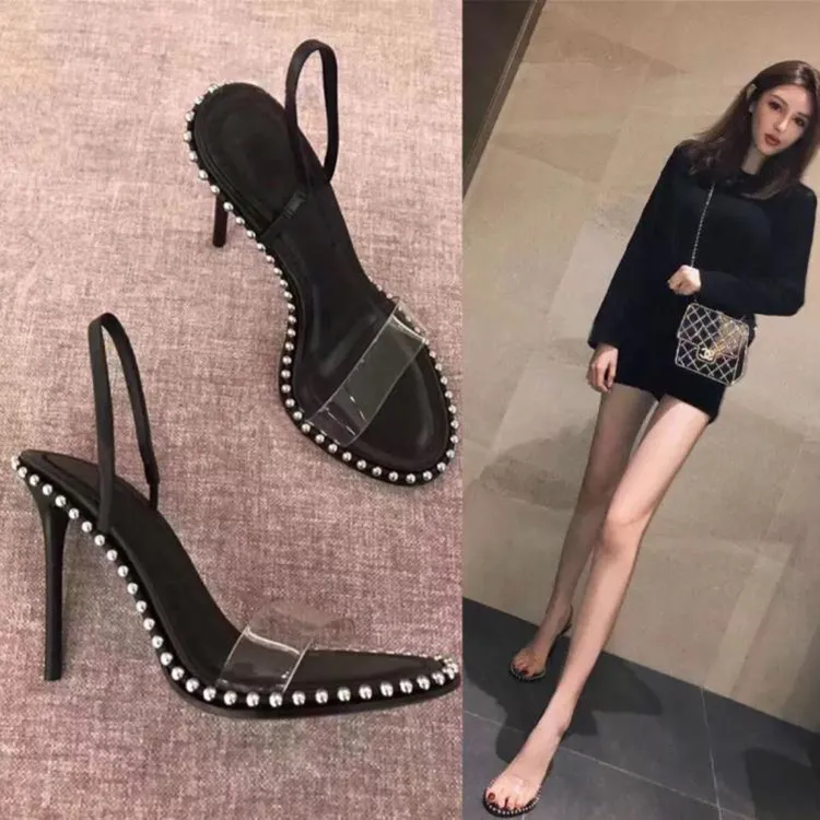 Women clear sandal small size high heels Slin look pumps lady stud sandals all match stilettos back strap heels z276