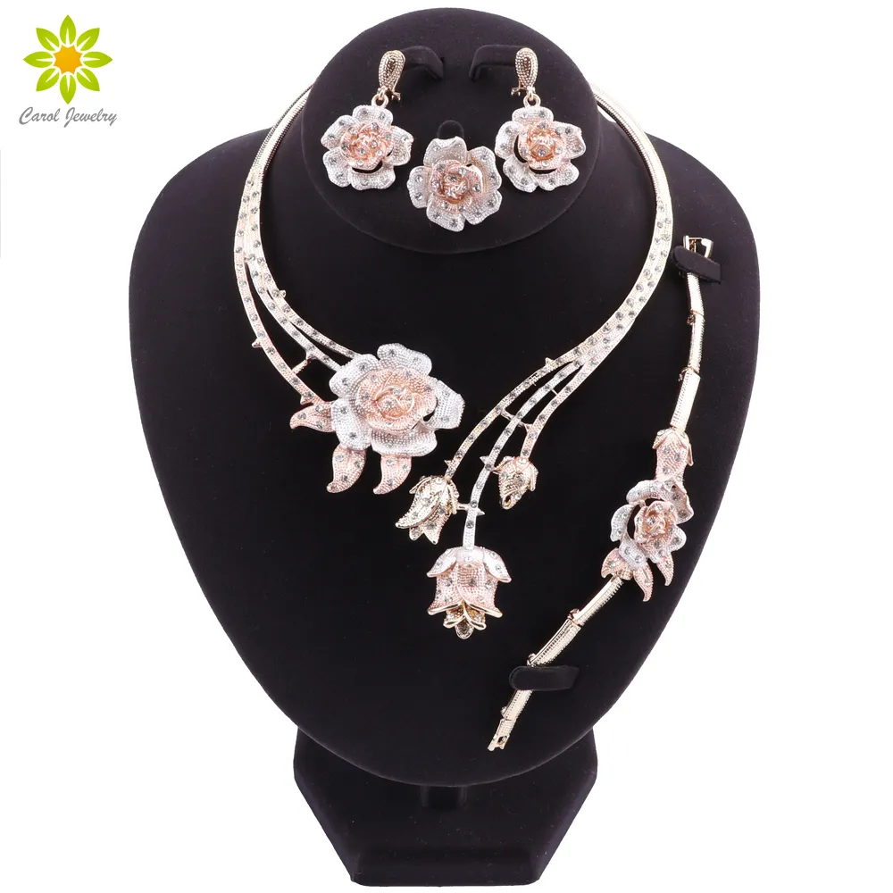 Nigeria Classic Jewelry Sets Elegant Bride Wedding Flower Shape Necklace Earrings Bracelet Ring Set for Dubai Women CX200813