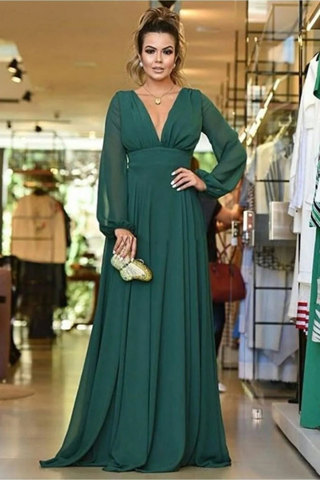 Elegant Empire Waist Chiffon Prom Dresses Women V Neck Long Sleeve A Line Formal Evening Party Gowns Plus Size Special Occasion Dress