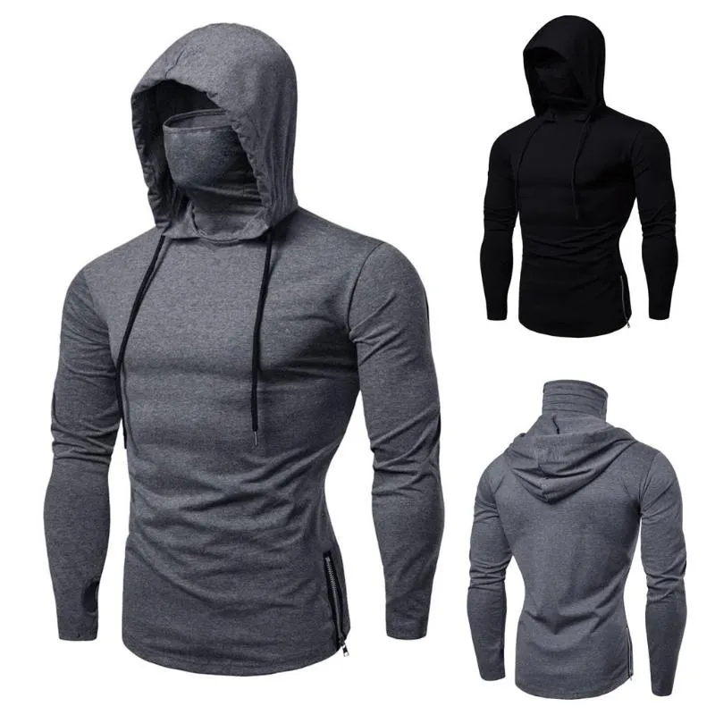 Erkek Spor Ince Hoodie Uzun Kollu Hoodies Maske Ile Kazak Rahat Splice Büyük Açık-Çatal Maske Hoodie Kazak Kapüşonlu Tops