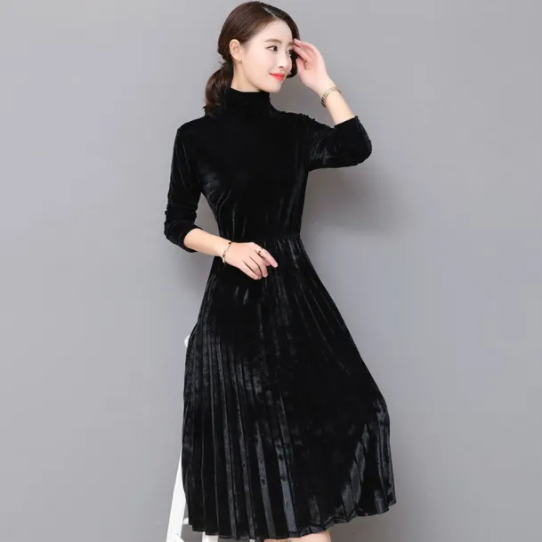 5XL Women Green Black Velvet Dress Winter Turtleneck Dress Long Sleeve Vintage Pleated Dresses Plus Size Women Vestidos AQ741