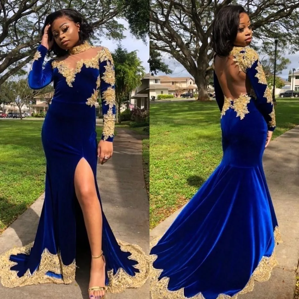 Sul-Africano Royal Blue Velvet Mermaid Vestidos ouro Applique mangas compridas Vestidos De Festa Sexy Backless Side Dividir Prom Vestido