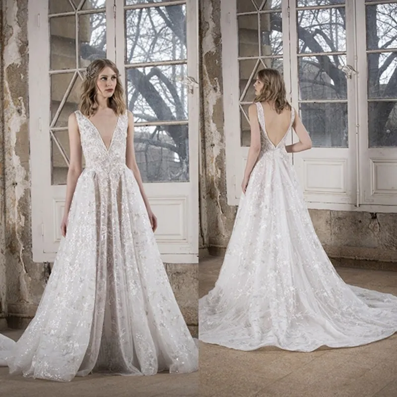 Tony Ward 2021 Wedding Dresses V Neck Lace Appliques Sequins Bridal Gowns Custom Made Backless Sweep Train A Line Wedding Dress