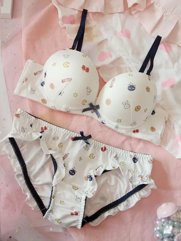 Branco Bonito Cópia Do Japonês Bra Panties Set Underwire Macia