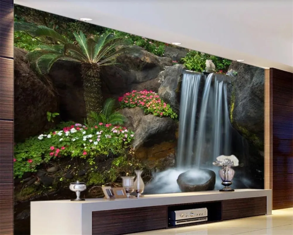 Personalizado romântico paisagem 3D Wallpaper Fundo bonito da paisagem Cachoeira Rockery Garden 3D Photo Wall Wallpaper Mural
