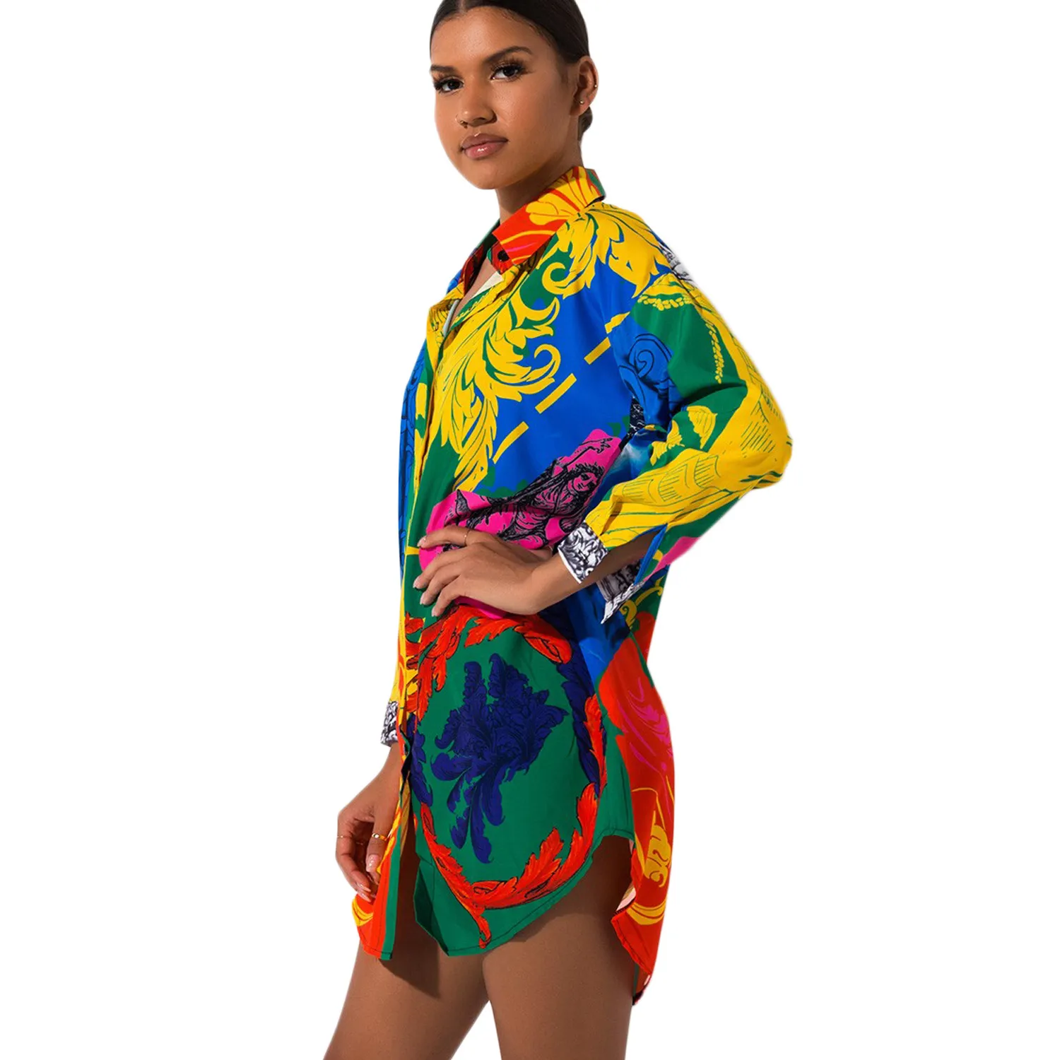 New Fashion Women Shirt Dress Long Sleeve Vestidos Designer Dresses Colorful Painted One Piece Wholesale Clothing