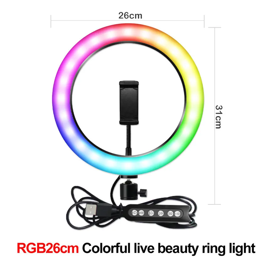 LED 10 tum Selfie Ring Light Holder RGB Lampa Fotografi Natt Flash med Mini 19cm Stativ Stativ för Mobiltelefon Studio YouTube Video Live