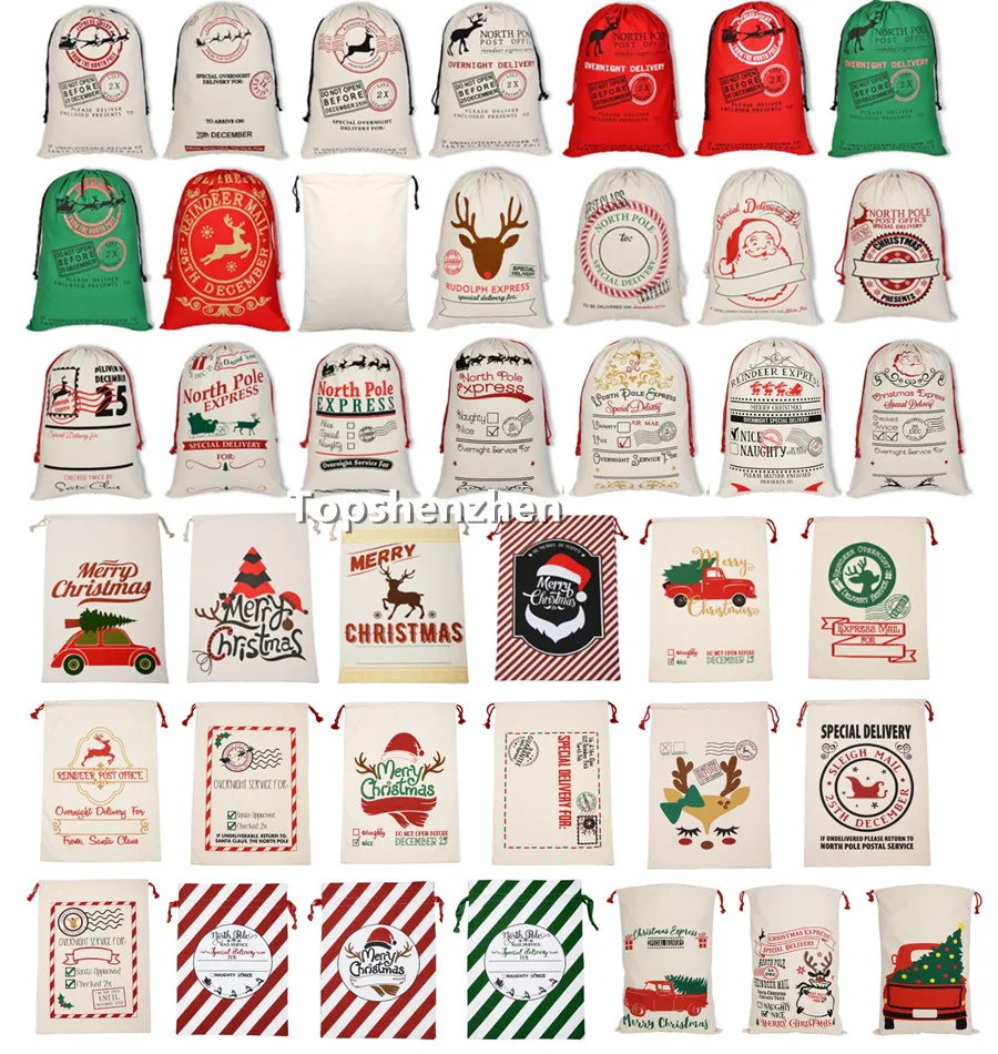 40 Stijl Kerst Santa Sacks Gift Tassen Grote Organische Zware Canvas Tas Santa Sack Trektas met Rendieren Santa Party Claus Sack Tassen