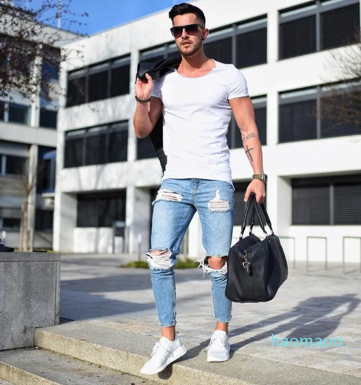 Fashion-Hirigin Moda Mężczyźni Dżinsy Męskie Ripped Skinny Biker Jeans Zniszczone Frayed Slim Fit Denim Spodnie Biker Jean