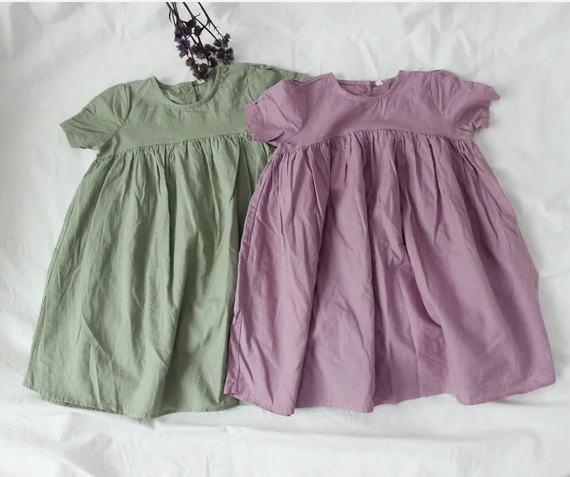 FM Ins Moda Çocuk Küçük Kızlar Organik Keten Pamuk Elbiseler Düz Sapanlar Elbise Sonbahar Yaz Çocuk Kız Kısa Kollu Prenses Elbise