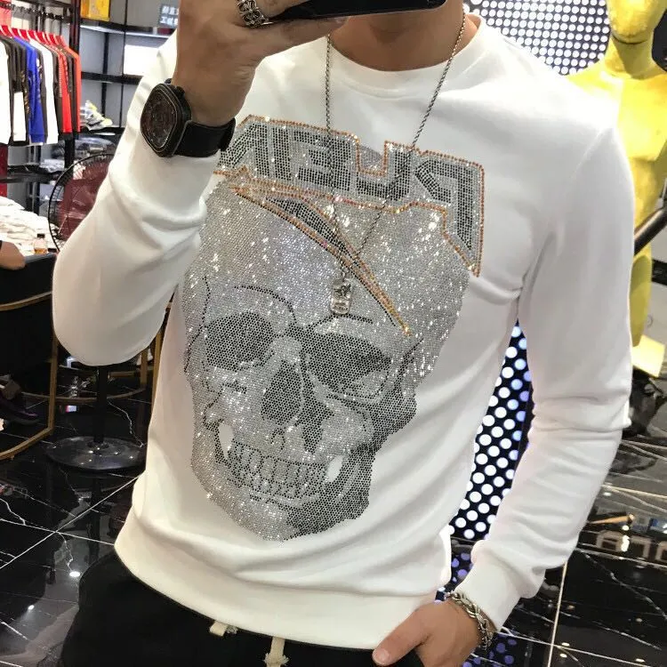 2020 Outono Novo Pulôver Masculino de Algodão Malha Suéter Crânio Impresso Rua Hip Hop Streetwear Bonito Designer de Moda Hoodies O Neck