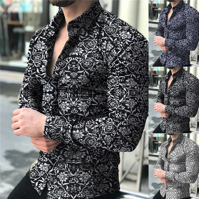 2021 Spring Digital Printed Shirt Mens Fashion Bohemian Shirts Homme Designer V Neck Tops Casual Mens Lapel Neck Shirts