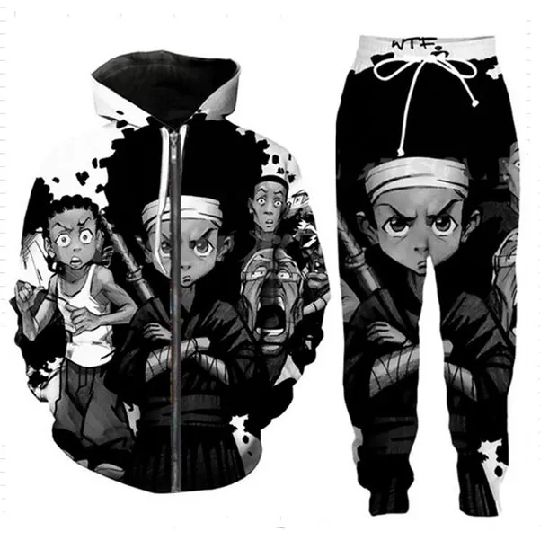 Neue Herren/Damen boondocks Lustige 3D-Druck Mode Trainingsanzüge Hosen + Reißverschluss Hoodie Lässige Sportbekleidung L015