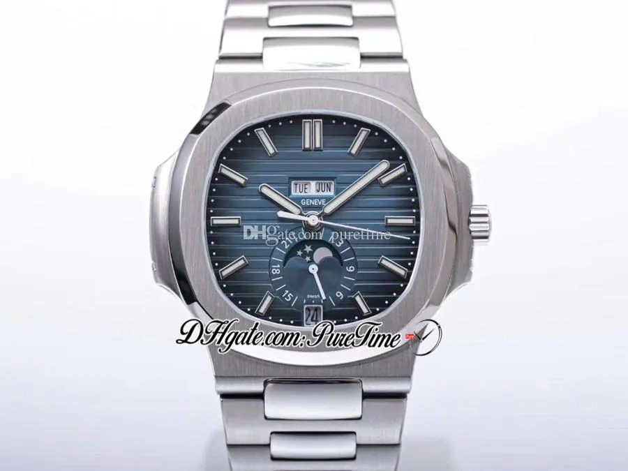 V9F 5726 Calendario anual A324 Reloj automático para hombre D-Blue Dial texturizado Fase lunar Pulsera de acero inoxidable Super Edition Puretime251t