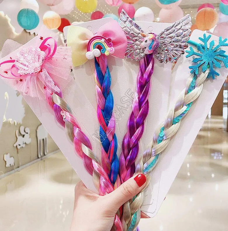 Niños Niñas Trenzas de colores Peluca Banda para el cabello Anillos Unicornio Arco iris Lentejuelas Brillo Trenza Pelucas Arco para el cabello Cola de caballo Titular Círculo para fiesta D82705