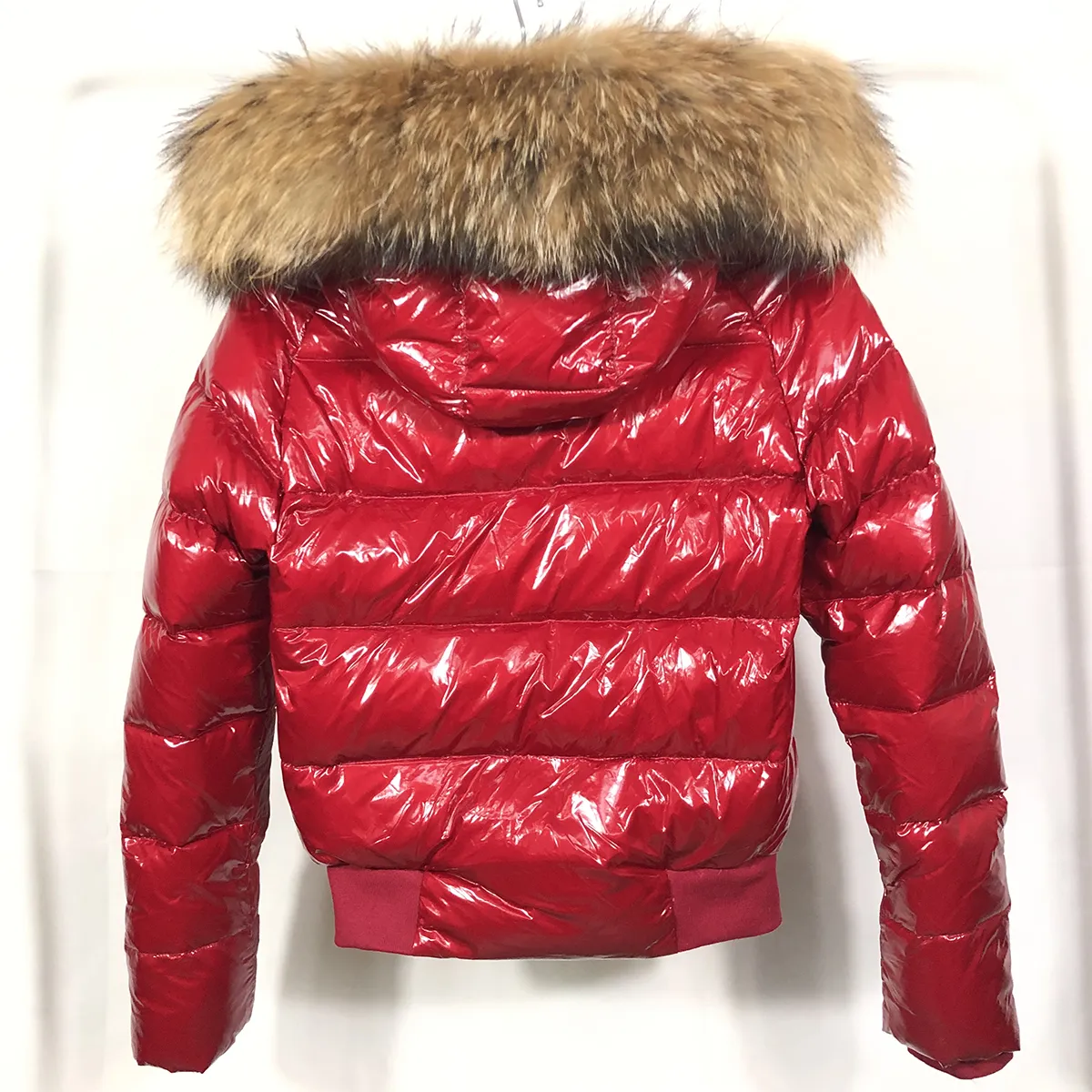 Moncler red women's 2025 jacket with fur hood