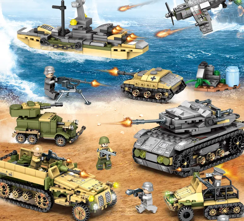 1061Pcs Army Playmobil Building Blocks Empires of Steel Military Tank  Technic Bricks Sets Soldiers Figures DIY Education Car Model Kids Toys