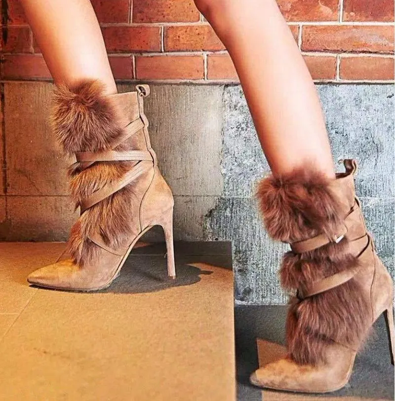 Winter boots women faux high heels shoes ladies sexy pointed toe warm mid calf shoes botas mujer chaussures femme