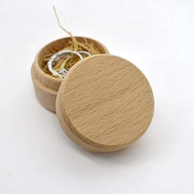 Ring Box madeira de faia redonda pequena caixa de armazenamento retro para o casamento Natural de madeira Jóias Caso LX3324