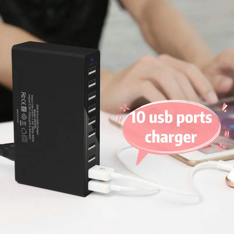 Cargador 50W 10-USB Estación de carga USB de 10 puertos con enchufe US AU EU UK para teléfono inteligente PC Kindle Multi Cargador USB