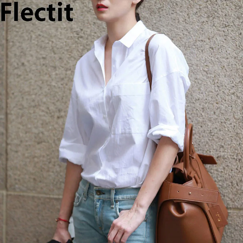 FLECTITカジュアルシックな女性白いシャツ基本的な襟ボタンダウン長袖ボーイフレンドブラウス春の夏のトップス服* 200923