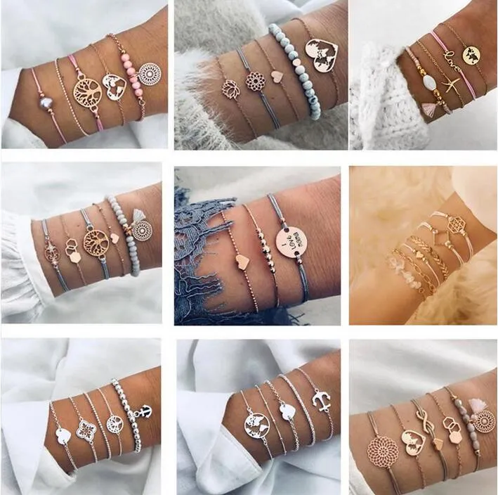 NUOVI braccialetti multistrato di tartaruga di pietra di perline impostati per le donne Braccialetti di conchiglia albero della vita geometrico Gioielli di moda della Boemia Commercio all'ingrosso DHL gratuito