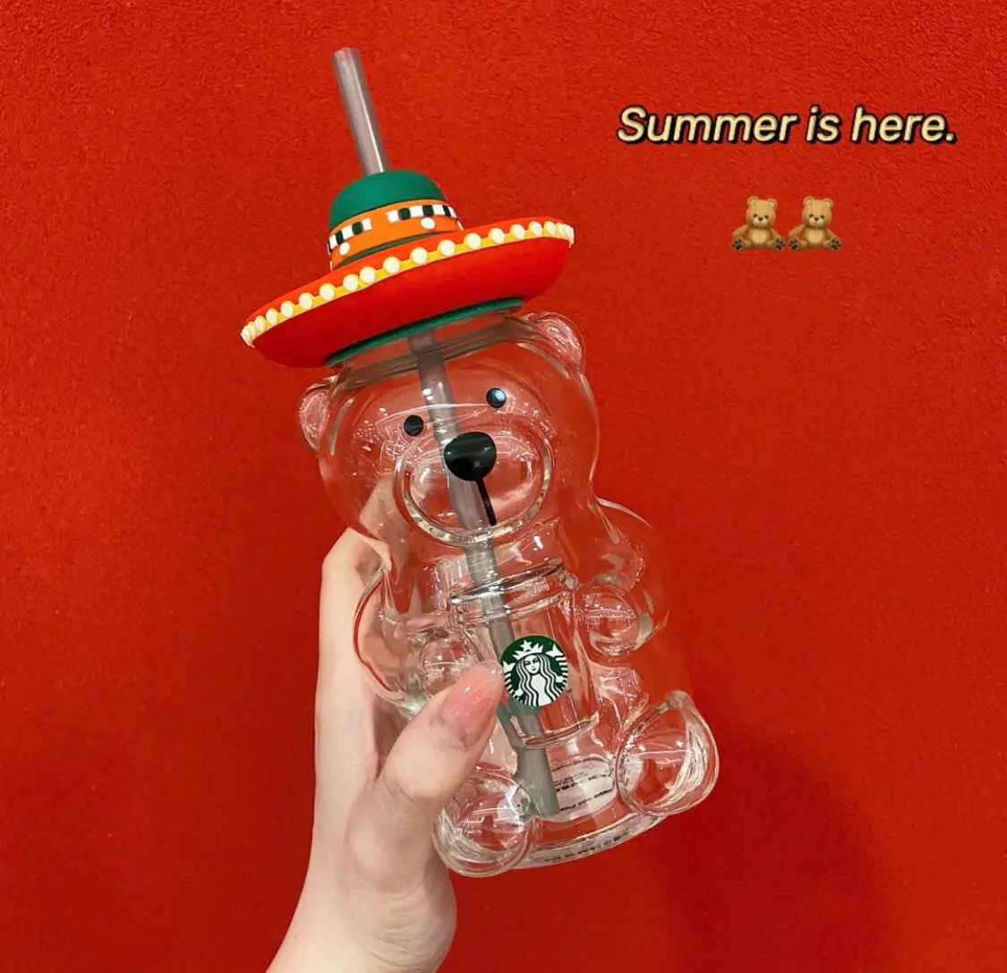 Ny Starbucks latinamerikansk stil Mexiko Little Bear Coffee Cup Glass Straw Cup Cold Water Cup241q