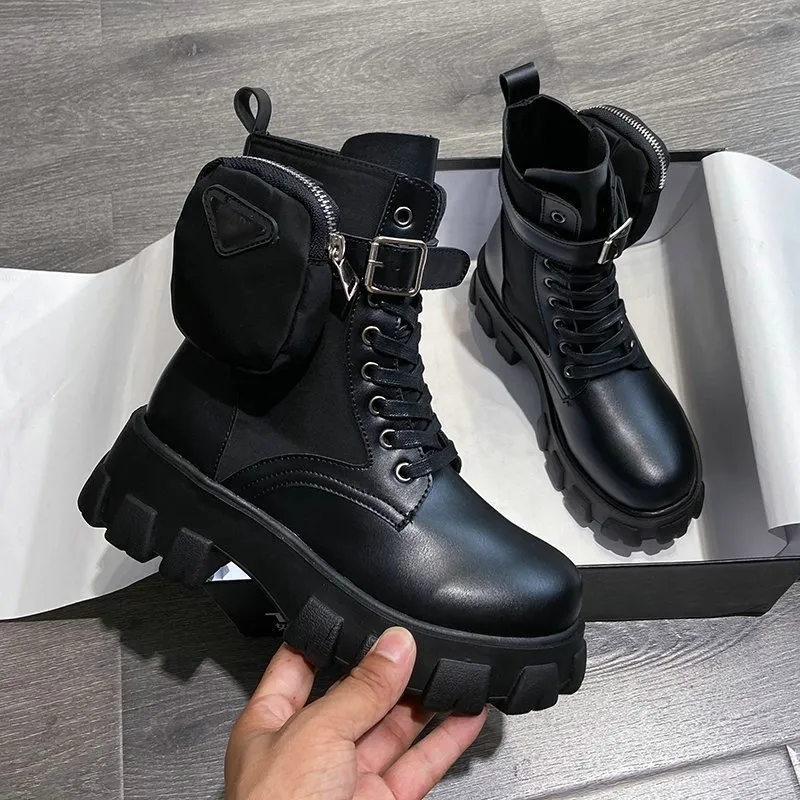 Autumn Winter Women Shoes Motorcycle Ankle Wallet Combat Boots Ladies Platform Artificial Leather Chunky Block Heel Shoes