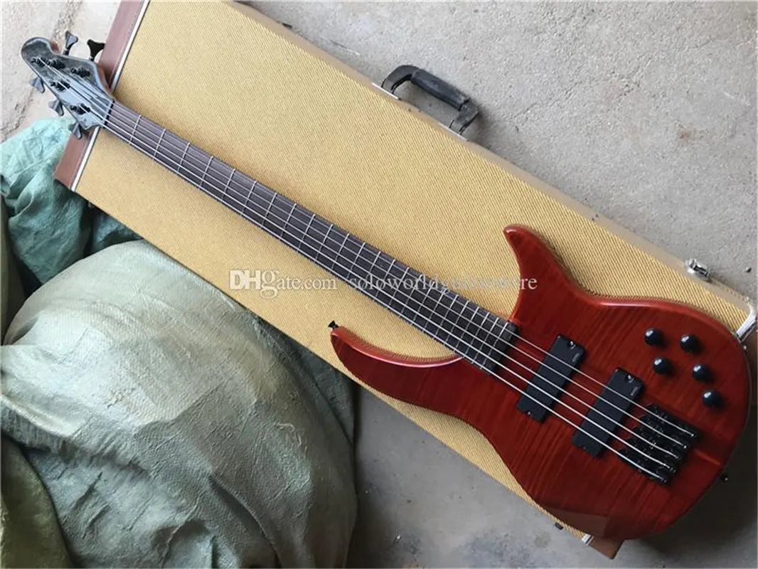 Special Customized 5 Strings Electric Bass Guitar with Flame Maple Veneer,Black Hardware,Can be customized