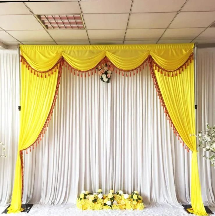 Желтый ледяной шелк 3mx3m с кисточками Swags Drapes Свадьба фон Занавес Вечерина Сцена фон Занавес Свадебная декоркация