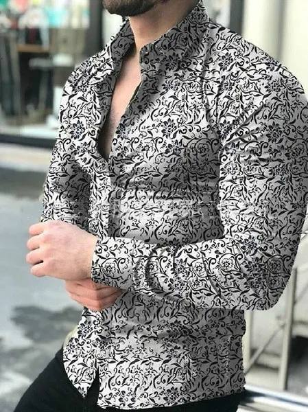 Camicia da uomo con risvolto con stampa a maniche lunghe per il tempo libero e fiori di grandi dimensioni Camicie eleganti casual da lavoro da uomo slim fit Capispalla