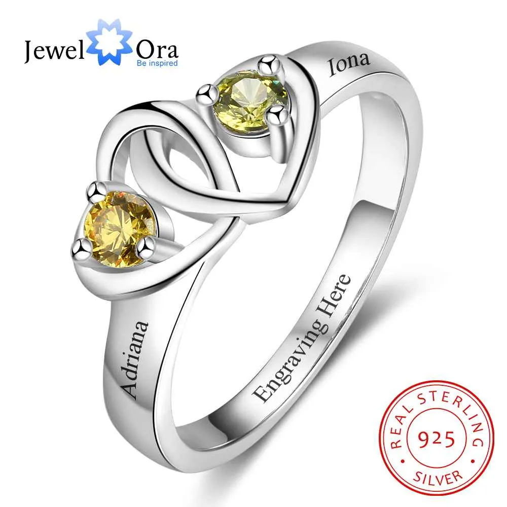 Heart to Heart Personalized Ring Custom Engrave Names & Birthstone Promise Rings 925 Sterling Silver Jewelry (JewelOra RI103273)