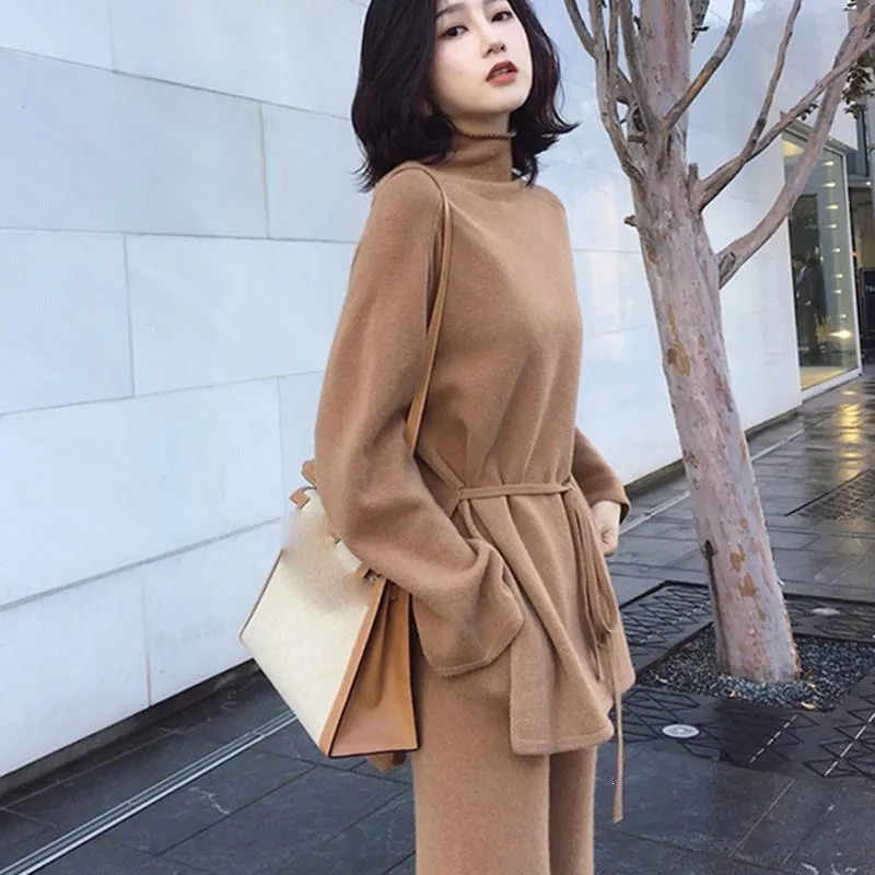 Two Piece Dress 3Xl Winter Turtleneck Sweater And Knitting Long Pants Sets Casual Plus Size 2 Suits Knitted Women