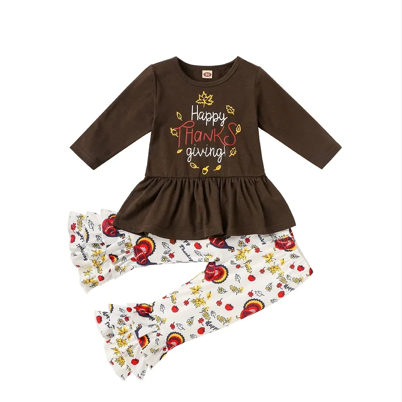 Thanksgiving Day Kids Clothing Sets Turkey Letter Print Long Sleeve Top + Flare Trousers 2Pcs/Set Maple Leaf Outfits M2640