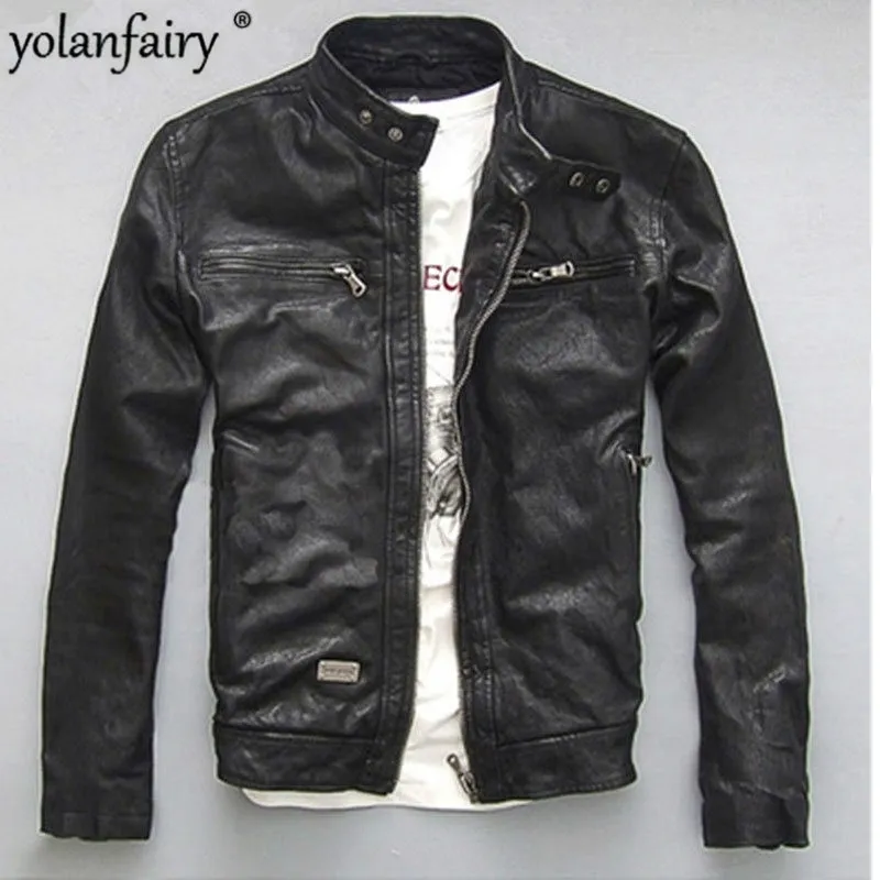 Yolanfairy Spring Autumn Herrens äkta läderjacka Short Slim Motocycle Jackor för män Ytterkläder Jaqueta de Couro