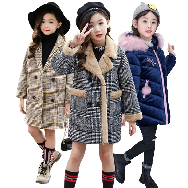 2020 Autumn Winter Girls Hairy Coat Fashion Design Long Coat for Girls Kids Outerwear Grid pattern 4 to 12 years old LJ200828