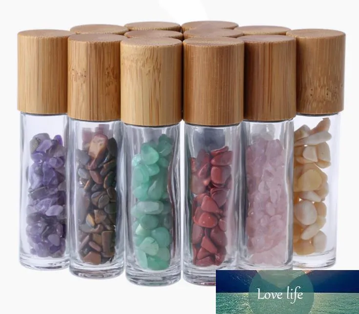 10ml difusor de óleo essencial Rolo de vidro transparente em frascos de perfume com cristal natural esmagado de pedra de quartzo cristal bola bola bambu sn3033